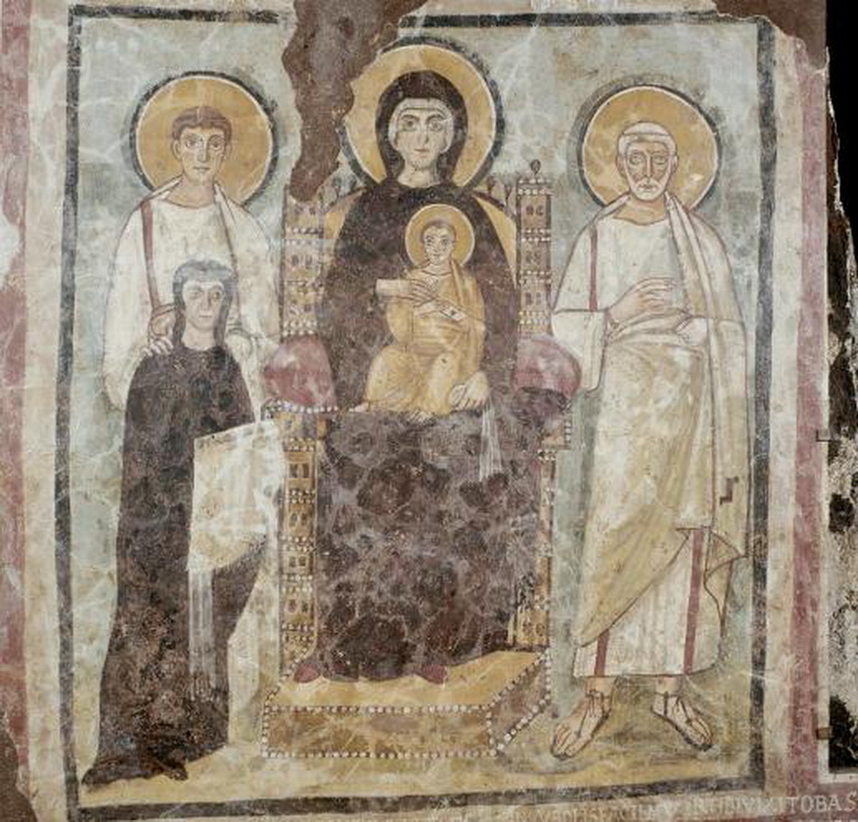 Pannello nella catacomba di Commodilla con la Vergine in trono tra i santi Felice e Adautto e la donatrice Turtura